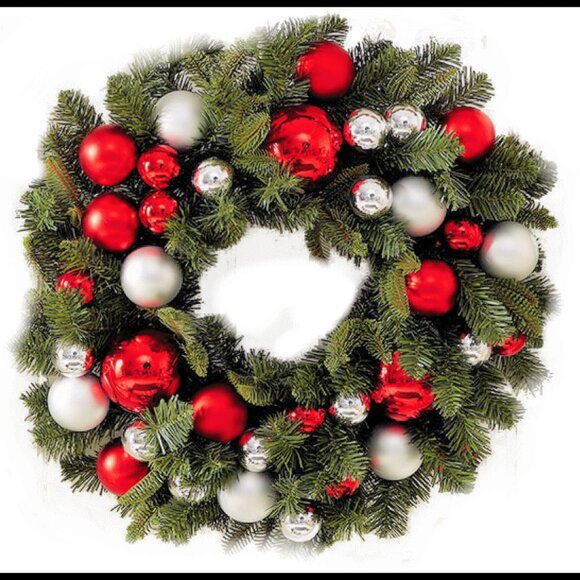 NEW Pottery Barn Christmas Indoor/Outdoor Red & Silver Faux Pine Wreath 20" - Picture 1 of 4